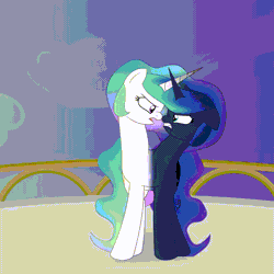 Size: 1080x1080 | Tagged: safe, artist:mlpconjoinment, derpibooru import, princess celestia, princess luna, alicorn, pony, alicorn princess, animated, argument, background, balcony, canterlot, canterlot castle, conjoined, dialogue, ethereal mane, ethereal tail, female, fused, gif, image, magic, moon, siblings, sisters, sun, yelling
