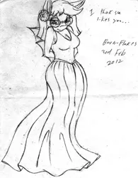 Size: 701x900 | Tagged: safe, artist:barn-flakes, derpibooru import, oc, unofficial characters only, anthro, sea pony, bedroom eyes, clothes, dress, female, glasses, image, jpeg, lineart, sea pony oc, signature, talking, traditional art