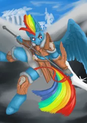 Size: 905x1280 | Tagged: safe, artist:blandy, derpibooru import, rainbow dash, anthro, pegasus, unguligrade anthro, armor, cloud, cloudsdale, digital art, ear piercing, earring, eye scar, fantasy class, female, image, jewelry, jpeg, piercing, scar, sky, solo, solo female, spread wings, sword, tail, warrior, weapon, wings