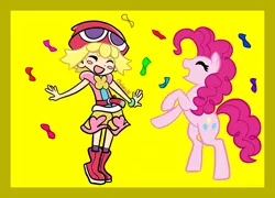 Size: 2600x1876 | Tagged: safe, artist:chelseawest, derpibooru import, pinkie pie, human, amitie, blushing, blush sticker, colored background, confetti, crossover, image, png, puyo puyo