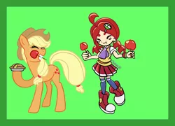 Size: 2600x1876 | Tagged: safe, artist:chelseawest, derpibooru import, applejack, apple, apple pie, apple toffee, blushing, blush sticker, colored background, crossover, food, image, pie, png, puyo puyo, ringo ando