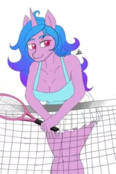 Size: 1400x2100 | Tagged: suggestive, artist:zachc, derpibooru import, izzy moonbow, anthro, unicorn, breasts, cleavage, clothes, female, g5, image, png, skirt, solo, tennis racket, wip