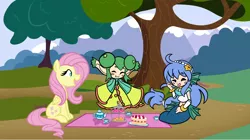 Size: 6698x3747 | Tagged: safe, artist:chelseawest, derpibooru import, fluttershy, mermaid, blushing, blush sticker, cake, crossover, cup, food, horns, humanoid, image, lidelle, picnic, png, puyo puyo, serilly, seriri, teacup, teapot