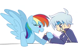 Size: 2400x1676 | Tagged: safe, artist:chelseawest, derpibooru import, rainbow dash, arm wrestling, crossover, hoofwrestle, image, png, puyo puyo, schezo wegey