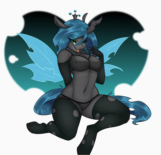 Size: 2114x2031 | Tagged: suggestive, artist:kennzeichen, derpibooru import, queen chrysalis, anthro, changeling, changeling queen, unguligrade anthro, belly button, black underwear, bra, breasts, busty queen chrysalis, clothes, evening gloves, female, fingerless gloves, gloves, image, lidded eyes, long gloves, looking at you, panties, png, reversalis, smiling, socks, solo, solo female, stockings, thigh highs, thighs, thunder thighs, tongue out, underwear