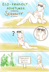 Size: 2480x3607 | Tagged: suggestive, artist:kumakum, derpibooru import, oc, oc:serenity, unofficial characters only, anthro, pegasus, unguligrade anthro, comic:eco-friendly adventures ft. serenity, beach, bikini, breasts, clothes, comic, digital art, female, forest, image, monochrome, png, relaxing, sideboob, side view, sign, solo, solo female, sunglasses, swimsuit, tail, thighs, tree, vulgar, walking, wide hips, wings