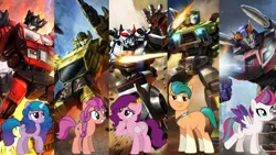 Size: 1600x900 | Tagged: safe, artist:robertsonskywa1, derpibooru import, edit, hitch trailblazer, izzy moonbow, pipp petals, sunny starscout, zipp storm, earth pony, pegasus, pony, unicorn, clash of hasbro's titans, g4, g5, hound, image, inferno, jpeg, mane five (g5), photo, prowl, smokescreen, sunstreaker, transformers