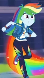 Size: 1920x3423 | Tagged: safe, derpibooru import, screencap, rainbow dash, equestria girls, equestria girls series, run to break free, spoiler:eqg series (season 2), backpack, clothes, converse, cropped, cute, cutie mark, cutie mark on clothes, dashabetes, female, geode of super speed, hoodie, image, jewelry, jpeg, magical geodes, necklace, rainbow trail, running, shoes, smiling, solo