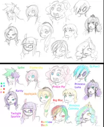 Size: 1394x1712 | Tagged: safe, artist:ruxikah, derpibooru import, applejack, big macintosh, fluttershy, pinkie pie, princess celestia, princess luna, rainbow dash, rarity, spike, twilight sparkle, vinyl scratch, human, bust, colored sketch, crown, female, glasses, hat, hay stalk, humanized, image, jewelry, male, png, regalia, sketch, sketch dump, straw in mouth