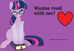 Size: 794x546 | Tagged: suggestive, artist:brianblackberry, artist:twilyisbestpone, derpibooru import, twilight sparkle, pony, unicorn, bedroom eyes, book, bottomless, bronybait, clothes, derpibooru exclusive, eyebrows visible through hair, female, glasses, grin, heart, image, looking at you, mare, partial nudity, png, purple background, sexy, shirt, simple background, sitting, smiling, solo, solo female, stupid sexy twilight, unicorn twilight, vector