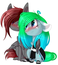 Size: 2313x2593 | Tagged: safe, artist:mediasmile666, derpibooru import, oc, unofficial characters only, pegasus, pony, blushing, chibi, clothes, duo, female, floppy ears, hug, image, maid, male, mare, one eye closed, png, shipping, stallion, straight, winghug, wings, wink