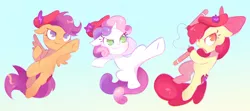 Size: 2250x1000 | Tagged: artist needed, safe, derpibooru import, apple bloom, scootaloo, sweetie belle, earth pony, pegasus, unicorn, beret, cute, cutie mark crusaders, drawthread, hat, hop movie, image, nunchucks, pink berets, png, requested art, weapon