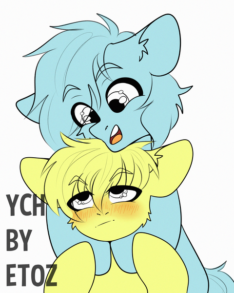 Size: 2000x2500 | Tagged: safe, artist:etoz, derpibooru import, pony, advertisement, auction, auction open, blushing, commission, generic pony, happy, hug, image, open mouth, png, smiling, tsundere, ych example, your character here, your character here auction