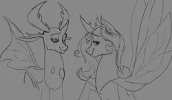 Size: 805x467 | Tagged: safe, artist:cadillacdynamite, derpibooru import, thorax, changeling queen oc, oc, oc:queen gytha, changedling, changeling, changeling queen, equestria at war mod, duo, female, grayscale, image, king thorax, monochrome, png, sketch, smug