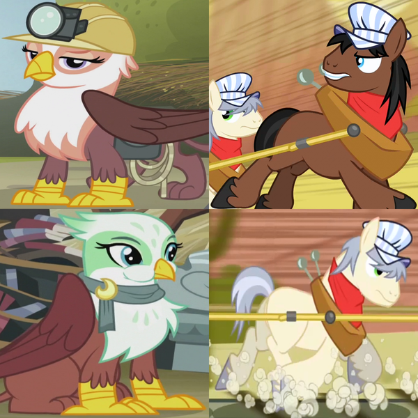 Size: 1110x1110 | Tagged: safe, derpibooru import, edit, screencap, full steam, gimme moore, greta, john bull, promontory, earth pony, gryphon, pony, over a barrel, the lost treasure of griffonstone, aweeg*, background pony, bandana, blank flank, crack shipping, cropped, cute, duo, dust cloud, female, gimmemontory, gretabull, gretadorable, griffon shopkeeper, hat, helmet, horse collar, image, looking back, male, png, puffy cheeks, raised eyebrow, running, shipping, shipping domino, speed lines, stallion, straight