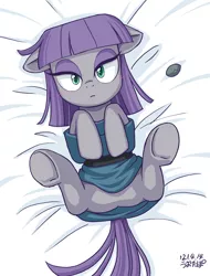 Size: 912x1200 | Tagged: safe, artist:uotapo, derpibooru import, boulder (pet), maud pie, earth pony, pony, bed, blanket, blushing, clothes, cute, dress, eyeshadow, featureless crotch, female, image, lying down, makeup, mare, maudabetes, on back, png, solo