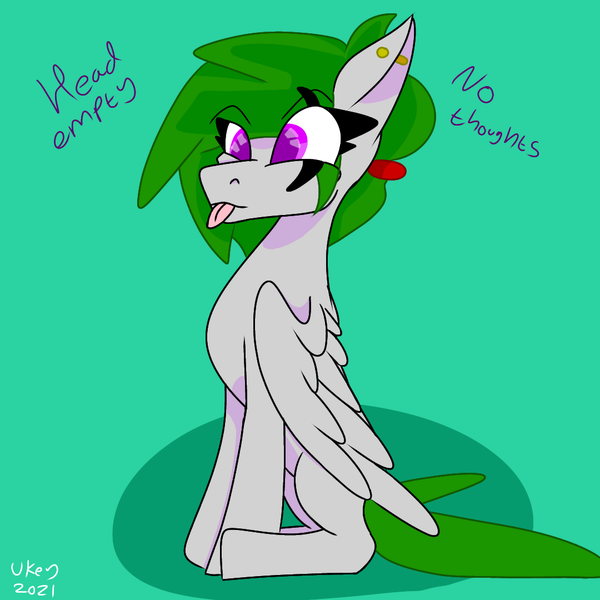 Size: 1080x1080 | Tagged: safe, artist:ukedideka, derpibooru import, oc, oc:quizzical aphre, pegasus, ear piercing, folded wings, green hair, hair tie, image, pegasus oc, piercing, png, purple eyes, simple background, sitting, solo, tongue out, wings