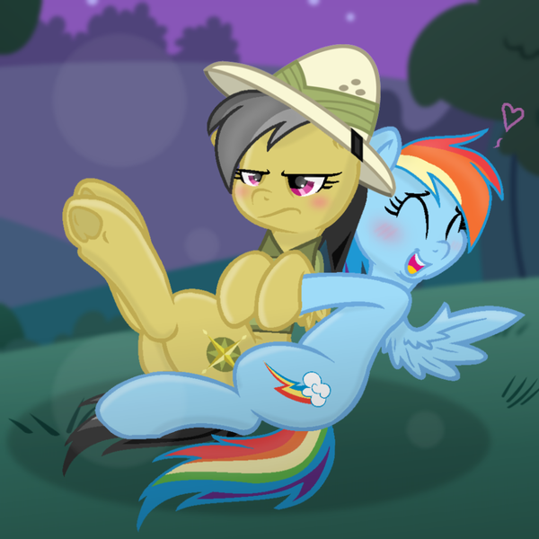 Size: 950x950 | Tagged: safe, artist:grapefruit-face, derpibooru import, daring do, rainbow dash, pegasus, pony, base used, blushing, cloths, daringdash, duo, eyes closed, female, frog (hoof), happy, hat, hug, image, lesbian, night, outdoors, png, shipping, tsundere, unamused, underhoof