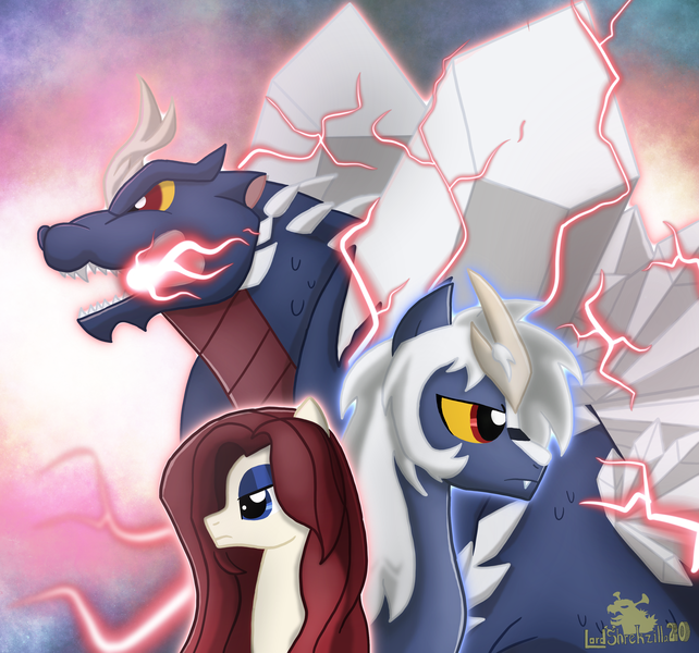 Size: 2940x2749 | Tagged: safe, artist:lordshrekzilla20, derpibooru import, oc, oc:blade dancer, ponified, kaiju, kaiju pony, pony, fanfic:the bridge, bladenilla, crossover, crossover shipping, fanfic art, godzilla (series), image, png, shipping, spacegodzilla, xenilla