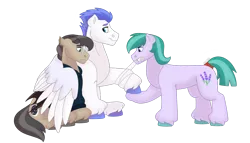 Size: 1280x732 | Tagged: safe, artist:itstechtock, derpibooru import, oc, oc:swift wing, oc:waxing lyrical, unofficial characters only, bat pony, earth pony, pegasus, pony, bandage, hug, image, png, simple background, transparent background, two toned wings, winghug, wings