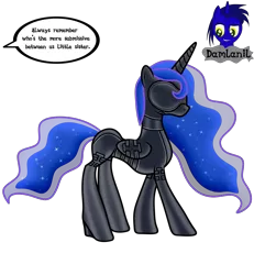 Size: 3840x4154 | Tagged: safe, artist:damlanil, derpibooru import, princess luna, alicorn, pony, bdsm, blindfold, bondage, bondage mask, boots, bound wings, catsuit, clothes, collar, comic, commission, corset, ethereal mane, female, gag, galaxy mane, gimp suit, high heels, hood, horn, image, implied princess celestia, latex, latex boots, latex suit, mare, muzzle gag, png, rubber, rubber suit, shiny, shiny mane, shoes, show accurate, simple background, socks, solo, story, text, thigh highs, transparent background, vector, wings