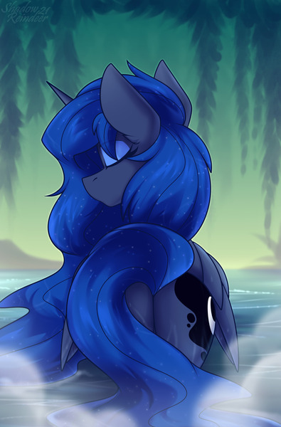 Size: 1250x1900 | Tagged: suggestive, artist:shadowreindeer, derpibooru import, princess luna, butt, eyes closed, image, jpeg, moonbutt, plot, rear view, relaxing, water