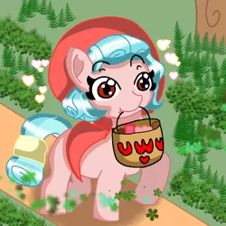 Size: 768x768 | Tagged: safe, artist:juanluuis8, derpibooru import, cozy glow, pegasus, pony, basket, cozybetes, cute, forest, heart, herb, holding up, image, little red riding hood, png, sheet, tree, uwu, walking