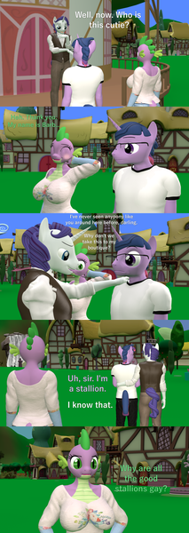 Size: 1920x5400 | Tagged: suggestive, artist:papadragon69, derpibooru import, rarity, spike, twilight sparkle, anthro, 3d, barb, breasts, busty barb, clothes, comic, dusk shine, elushine, elusive, female, gay, glasses, image, lesbian, male, older barb, png, rarilight, rule 63, shipping, source filmmaker