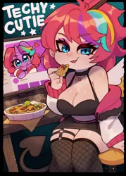 Size: 1428x1999 | Tagged: safe, artist:zombiemiso, derpibooru import, oc, oc:techy twinkle, unofficial characters only, human, pony, unicorn, breasts, chips, cleavage, clothes, computer, computer screen, demon tail, eating, food, image, jpeg, looking at you, nachos, smiling, socks, solo, thigh highs, wings