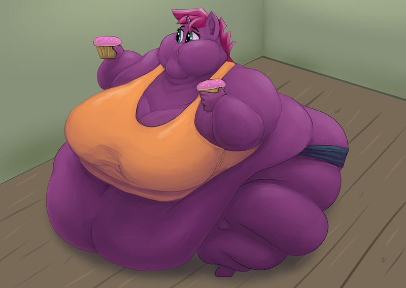 Size: 2117x1501 | Tagged: questionable, artist:lupin quill, derpibooru import, tempest shadow, anthro, unguligrade anthro, unicorn, series:consuming tempest (weight gain), alternate hairstyle, bbw, belly, belly button, big belly, big breasts, bingo wings, booty shorts, breasts, busty tempest shadow, butt, chubby cheeks, cleavage, clothes, cupcake, double chin, fat, fat fetish, feedee, female, fetish, food, huge breasts, image, large butt, morbidly obese, multichin, near immobile, obese, png, rolls of fat, saggy, solo, solo fem, ssbbw, tanktop, tempest blubber, thighs, thunder thighs, tight clothing, weight gain, weight gain sequence