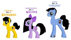 Size: 4816x2720 | Tagged: safe, derpibooru import, oc, oc:melissa, oc:nathaniel, oc:vincent, earth pony, pony, bow, brother and sister, father, father and child, father and daughter, father and son, female, glasses, hair bow, image, male, mare, png, siblings, stallion, watch, wristwatch