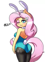 Size: 900x1250 | Tagged: suggestive, artist:melliedraws, derpibooru import, fluttershy, anthro, bunny suit, butt, choker, clothes, flutterbutt, heart eyes, image, leotard, lipstick, looking at you, looking back, looking back at you, one eye closed, pantyhose, png, wingding eyes, wingless, wingless anthro, wink