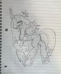 Size: 2669x3202 | Tagged: safe, artist:plushfurby, derpibooru import, queen chrysalis, changeling, changeling queen, pony, female, image, jpeg, mare, monochrome, sketch, solo, wip