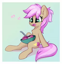 Size: 1660x1726 | Tagged: safe, artist:taneysha, derpibooru import, strawberry scoop, earth pony, pony, background pony, bowl, chest fluff, cute, ear fluff, female, food, friendship student, heart, ice cream, image, jpeg, mare, messy eating, sitting, solo, spoon