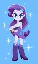 Size: 1239x2048 | Tagged: safe, artist:binco_293, derpibooru import, rarity, equestria girls, blue background, cute, cutie mark eyes, female, hand on hip, image, jpeg, looking at you, raribetes, simple background, solo, sparkles, wingding eyes