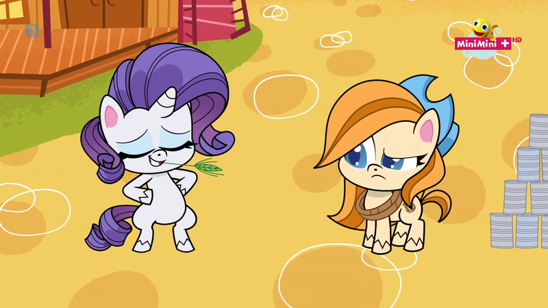 Size: 1920x1080 | Tagged: safe, derpibooru import, screencap, rarity, unnamed character, unnamed pony, earth pony, pony, unicorn, my little pony: pony life, spoiler:pony life s02e10, bipedal, cowboy hat, female, hat, image, impersonating, mare, minimini, png, straw in mouth, the great cowgirl hat robbery