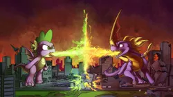 Size: 2200x1238 | Tagged: safe, artist:tsitra360, derpibooru import, spike, dragon, activision, city, commission, destruction, fight, fire, fire breath, giant dragon, green fire, image, jpeg, macro, spyro the dragon, wings