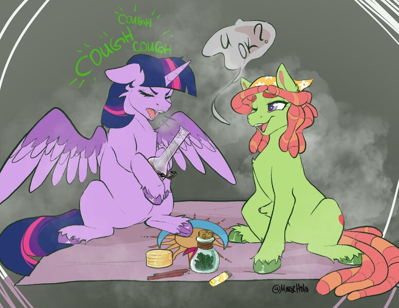 Size: 2048x1584 | Tagged: safe, artist:holomouse, derpibooru import, tree hugger, twilight sparkle, twilight sparkle (alicorn), alicorn, earth pony, pony, bong, coughing, drugs, image, jpeg