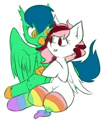 Size: 872x1024 | Tagged: safe, artist:telsa, derpibooru import, oc, oc:crystal rain, oc:toricelli, unofficial characters only, hippogriff, pegasus, pony, amputee, clothes, holding hooves, image, jpeg, rainbow socks, sketch, socks, striped socks