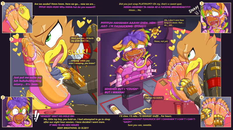 Size: 2079x1159 | Tagged: questionable, artist:caroo, derpibooru import, oc, oc:gambit, oc:sugar rush, anthro, gryphon, plantigrade anthro, bondage, breathing mask, crying, dialogue, encasement, exclamation point, feet, fetish, floating heart, floppy ears, foot fetish, foot focus, foot worship, heart, image, laughing, open mouth, png, soles, straps, sweat, tears of laughter, tickle fetish, tickle torture, tickling, toes, toe tied, wide eyes