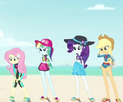 Size: 312x258 | Tagged: safe, derpibooru import, screencap, applejack, fluttershy, rainbow dash, rarity, aww... baby turtles, equestria girls, equestria girls series, animated, beach, boat, clothes, cloud, cropped, gif, hand on hip, hat, image, sandals, standing, sun hat, swimsuit, time lapse