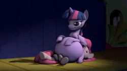 Size: 1719x963 | Tagged: suggestive, artist:blueblaze95, derpibooru import, pinkie pie, twilight sparkle, twilight sparkle (alicorn), alicorn, earth pony, pony, belly, big belly, dark background, eyes closed, faceful of ass, facesitting, female, females only, horn, huge belly, image, jpeg, looking down, lying down, prize on the eyes, sitting, sitting on, sitting on pony, smiling, twidom, twipred, vore