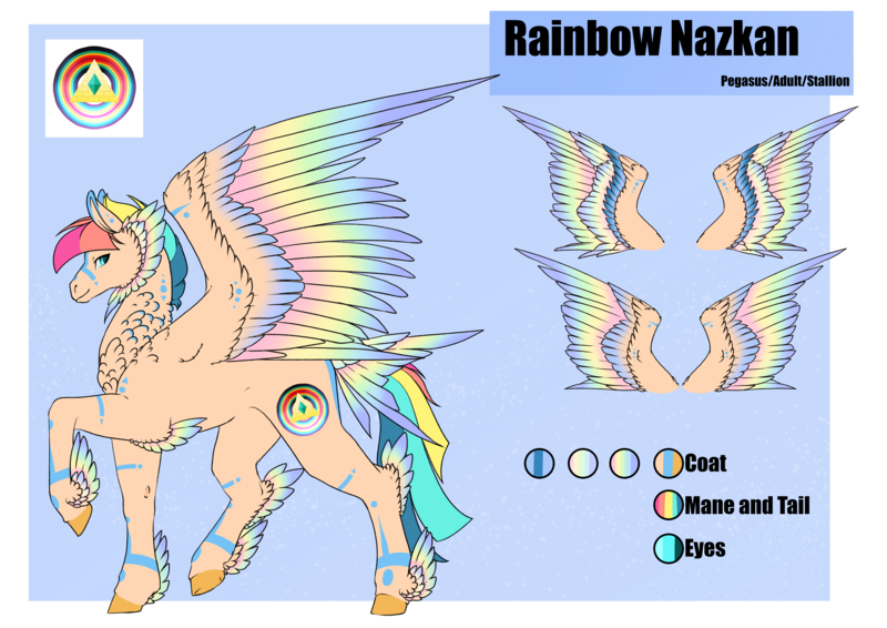 Size: 4961x3508 | Tagged: safe, artist:oneiria-fylakas, derpibooru import, oc, oc:rainbow nazkan, pegasus, pony, colored wings, feathered fetlocks, image, male, multicolored wings, png, reference sheet, solo, stallion, tail feathers, wings