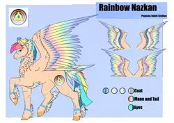 Size: 4961x3508 | Tagged: safe, artist:oneiria-fylakas, derpibooru import, oc, oc:rainbow nazkan, pegasus, pony, colored wings, feathered fetlocks, image, male, multicolored wings, png, reference sheet, solo, stallion, tail feathers, wings