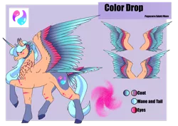 Size: 1920x1358 | Tagged: safe, artist:oneiria-fylakas, derpibooru import, oc, oc:color drop, alicorn, pony, colored wings, female, image, mare, multicolored wings, png, reference sheet, solo, tail feathers, wings