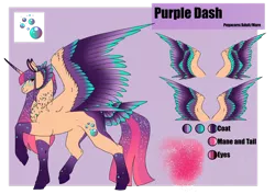 Size: 1920x1358 | Tagged: safe, artist:oneiria-fylakas, derpibooru import, oc, oc:purple dash, alicorn, pony, colored wings, female, image, mare, multicolored wings, png, reference sheet, solo, tail feathers, wings