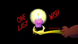 Size: 1920x1080 | Tagged: safe, derpibooru import, screencap, discord, draconequus, my little pony: pony life, spoiler:pony life s02e27, candle, cupcake, food, image, male, offscreen character, one last wish, png, solo, title card