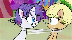 Size: 1280x720 | Tagged: safe, derpibooru import, screencap, applejack, rarity, earth pony, pony, unicorn, my little pony: pony life, spoiler:pony life s02e17, alternate hairstyle, duo, duo female, female, great moments in animation, image, mare, messy mane, png, smear frame, what goes updo
