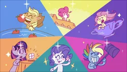 Size: 1280x720 | Tagged: safe, derpibooru import, screencap, applejack, fluttershy, pinkie pie, rainbow dash, rarity, twilight sparkle, twilight sparkle (alicorn), alicorn, earth pony, pegasus, pony, unicorn, my little pony: pony life, spoiler:pony life s02e18, apple, boat, carousel, communication shakedown, crystal ball, female, food, hammer, image, mane six, mare, png