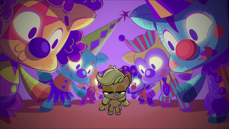 Size: 1280x720 | Tagged: safe, derpibooru import, screencap, applejack, earth pony, pony, my little pony: pony life, spoiler:pony life s02e19, clown, coulrophobia, female, image, lolly-pop, mare, png, scared, solo